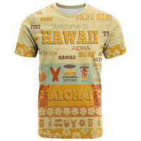 Yellowish graphic Hawaii T-shirt with ALOHA and surfing icons, short sleeves