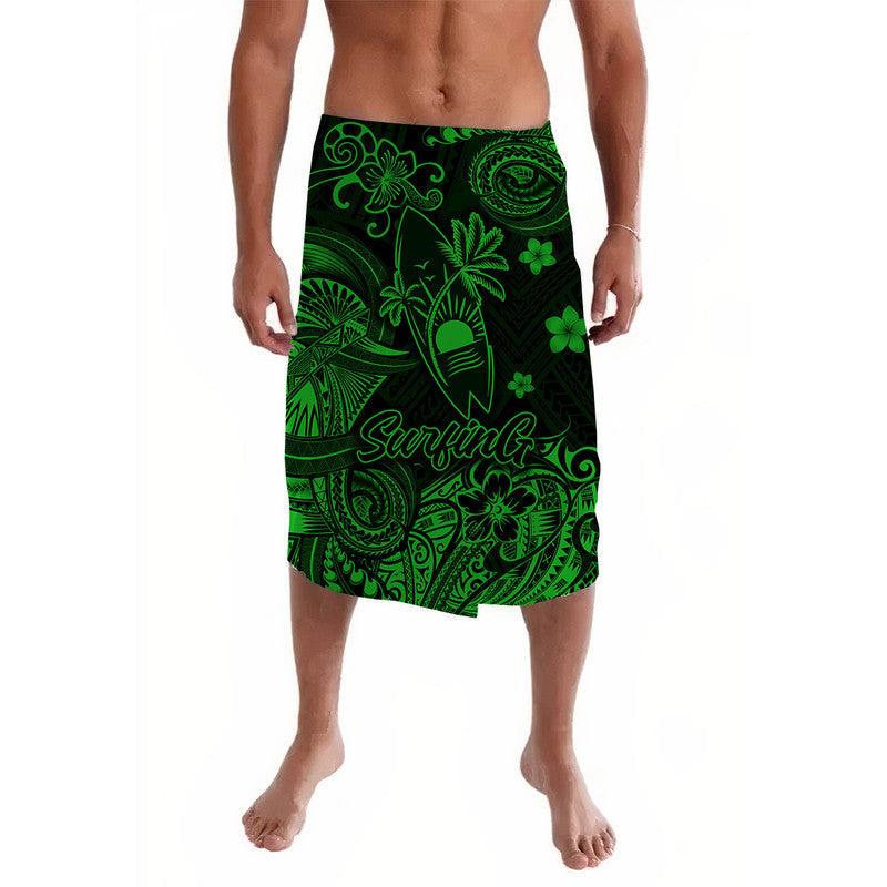Green Polynesian lavalava with black base, tropical floral and surfing print.