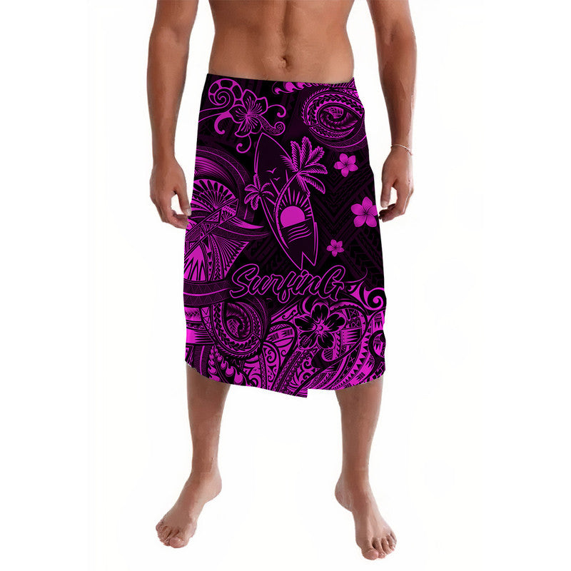 Pink Polynesian-style lavalava sarong with purple floral and wave pattern, knee-length