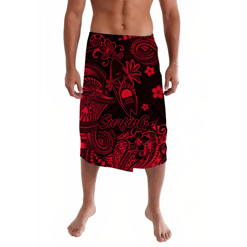Red and black Polynesian lavalava sarong with surfing and floral wave prints