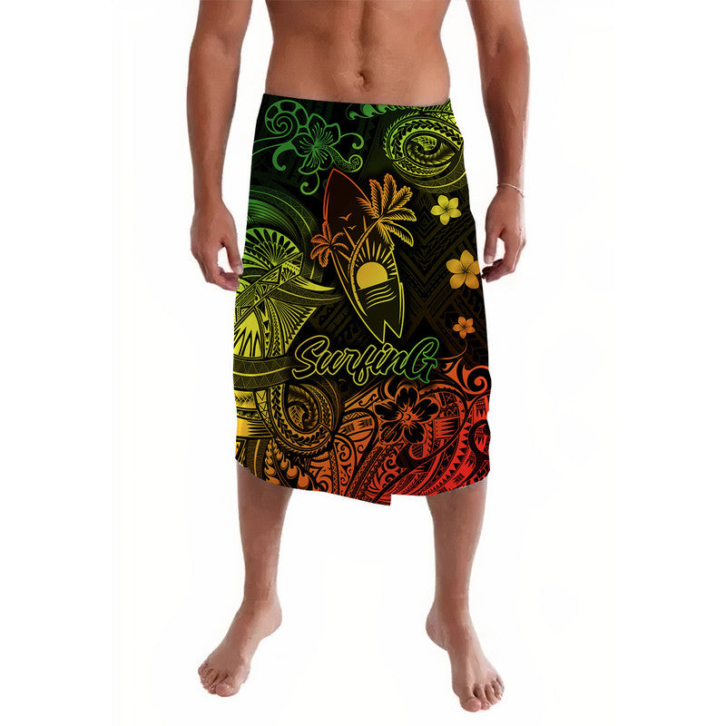 Tropical lavalava sarong with surf, palm and hibiscus graphics in green and orange on black