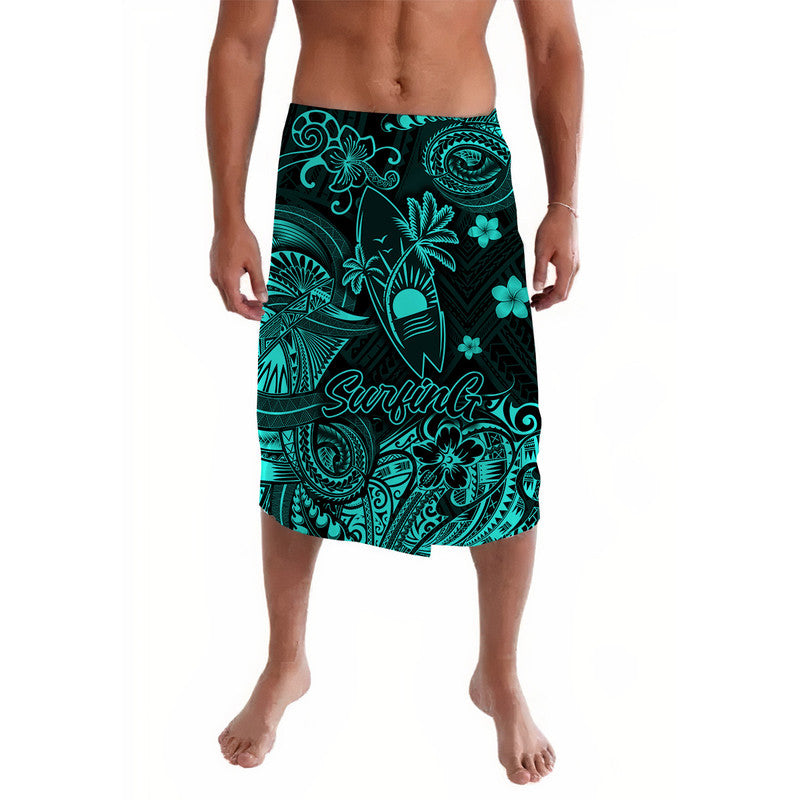 Turquoise patterned lavalava with surf and tropical motif, elastic waist