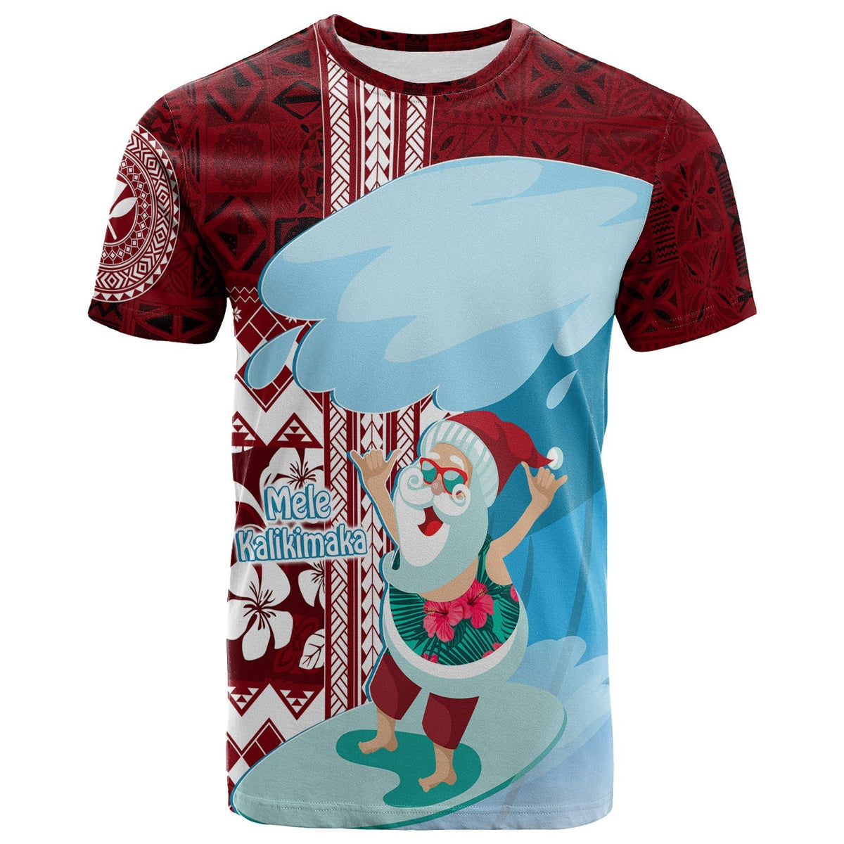 Red T-shirt front with surfing Santa graphic, Mele Kalikimaka and blue surfboard