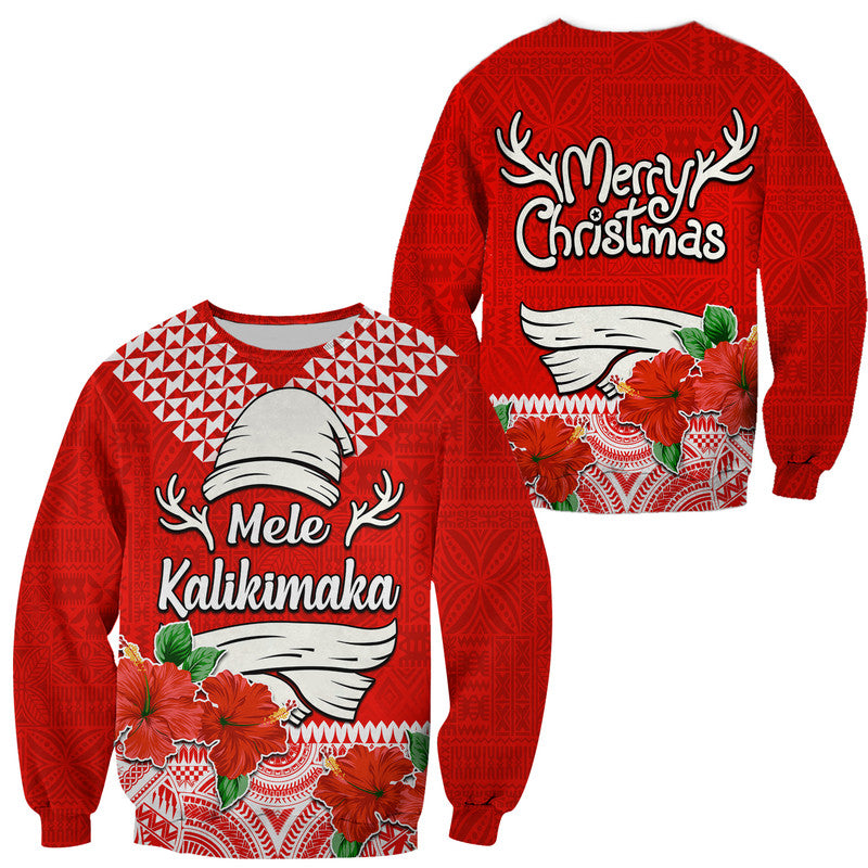 Red unisex Christmas sweater with hibiscus flowers and text design, long sleeves.