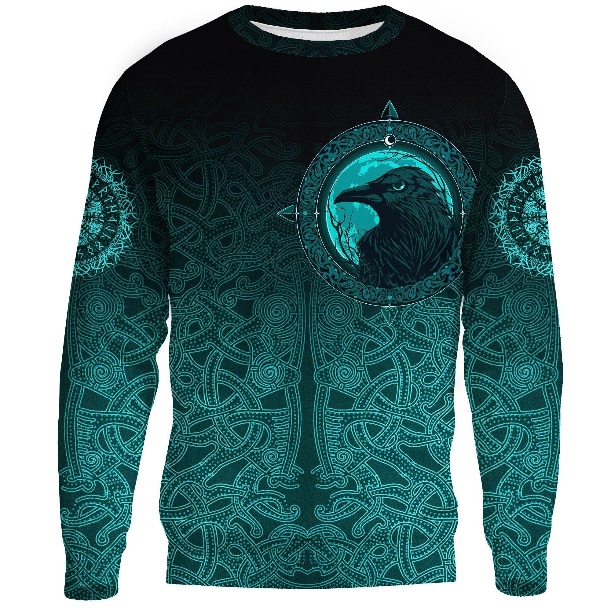 Viking Sweatshirt Knitted Long - Sleeved Sweater, Ethnic Odin Raven Cyan RLT12 - Wonder Print Shop