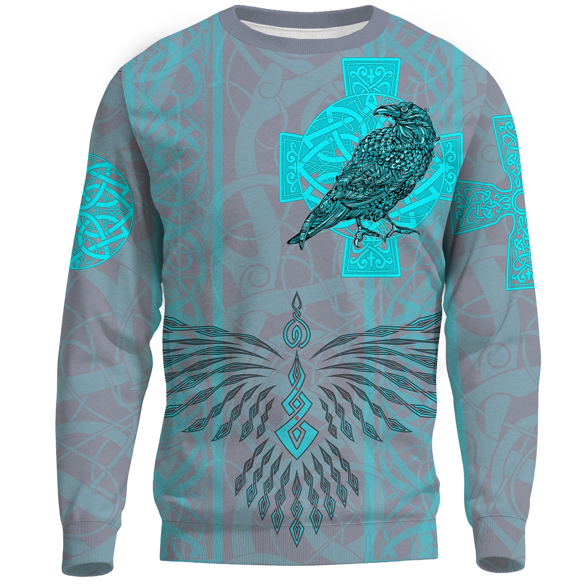 Viking Sweatshirts Odin's Celtic Raven - Scandinavian Tattoo Style Cyan RLT12 - Wonder Print Shop