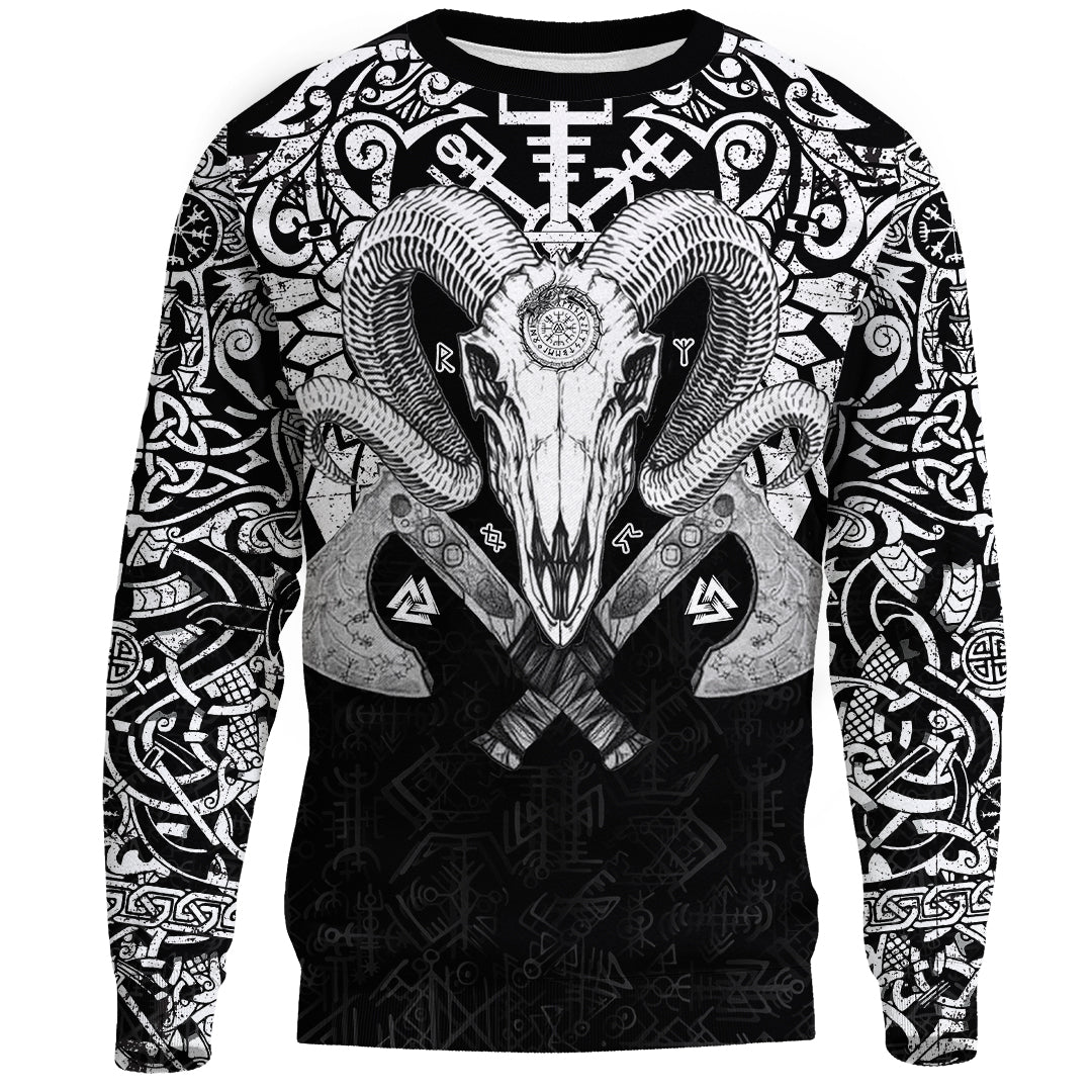 Viking Ram Skull Tattoo With Vegvisir and Valknut Sweatshirts RLT12 - Wonder Print Shop