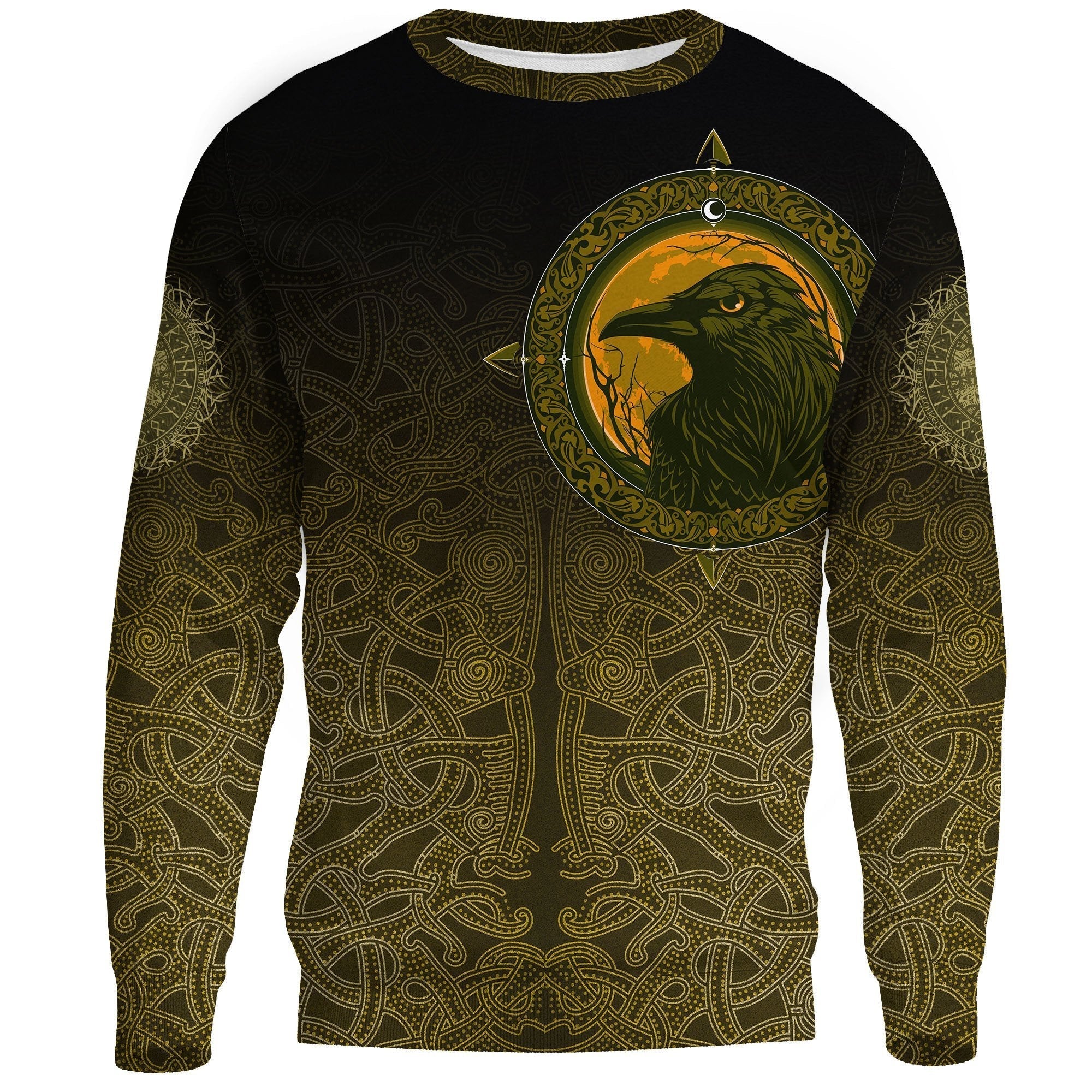 Viking Sweatshirt Knitted Long - Sleeved Sweater, Ethnic Odin Raven Gold RLT12 - Wonder Print Shop