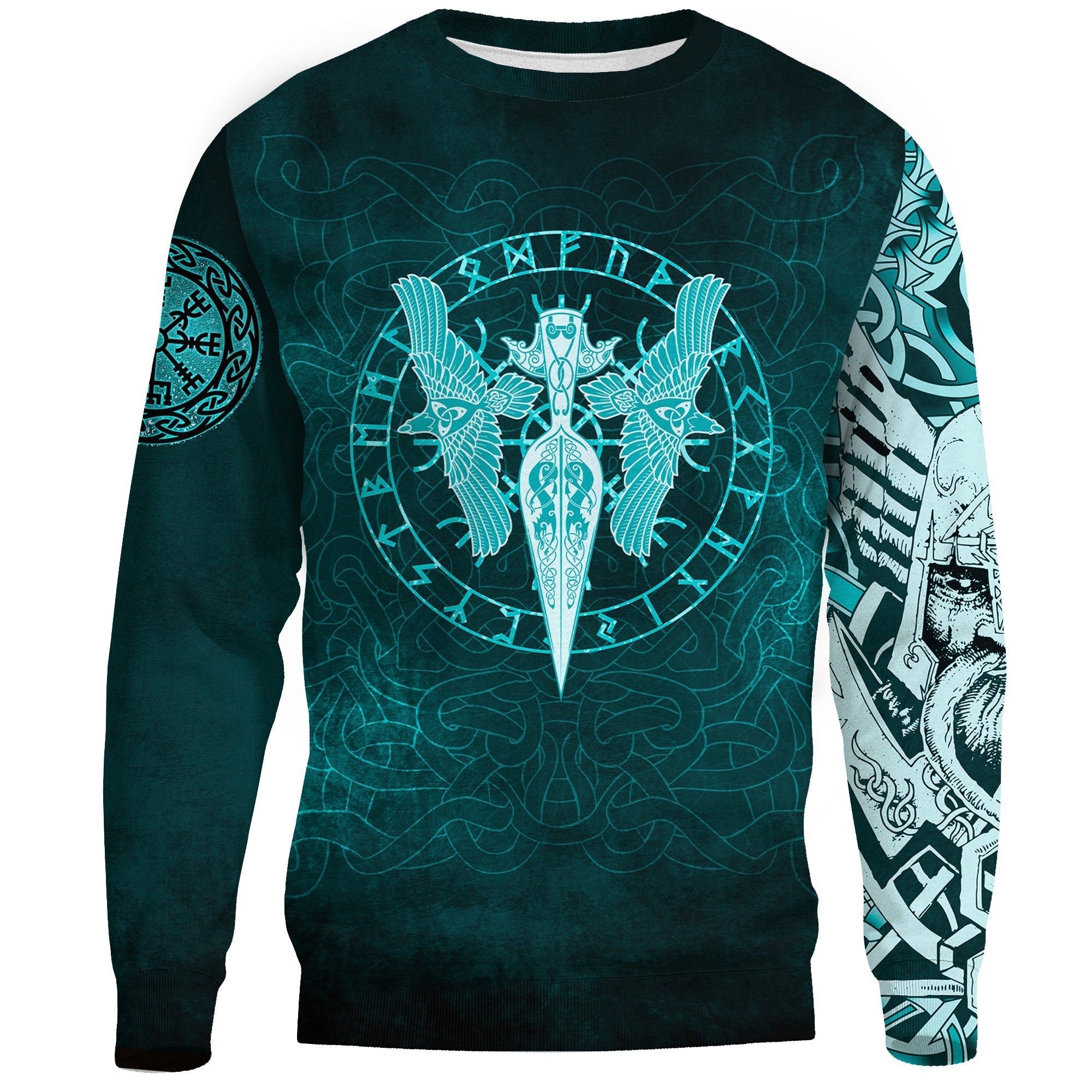 Viking Sweatshirts - Cyan Spear Of The God Odin - Gungnir and Two Cyan Ravens Style RLT12 - Wonder Print Shop