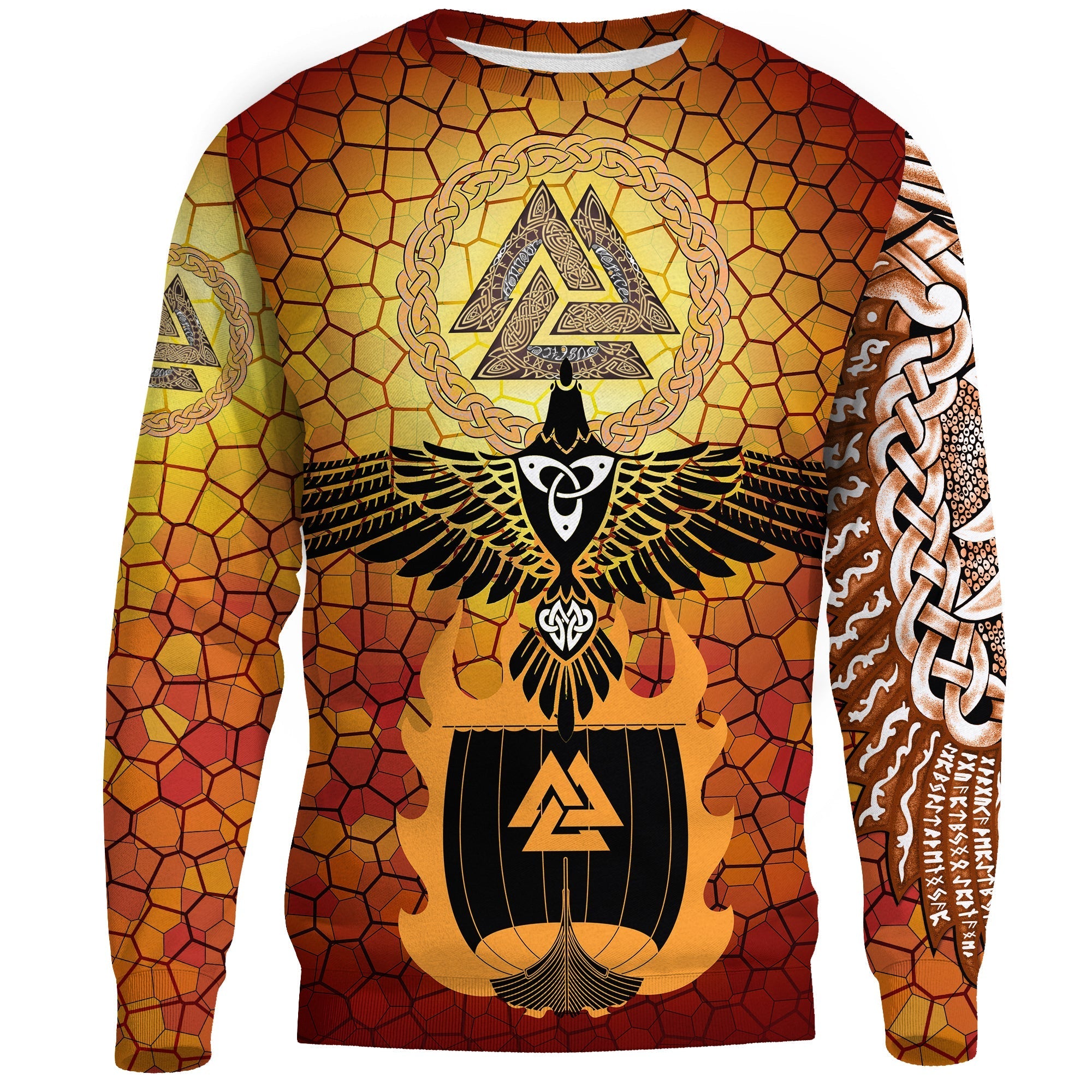 viking-sweatshirts-raven-of-odin-and-drakkar-on-fire-on-vignette-gold-valknut