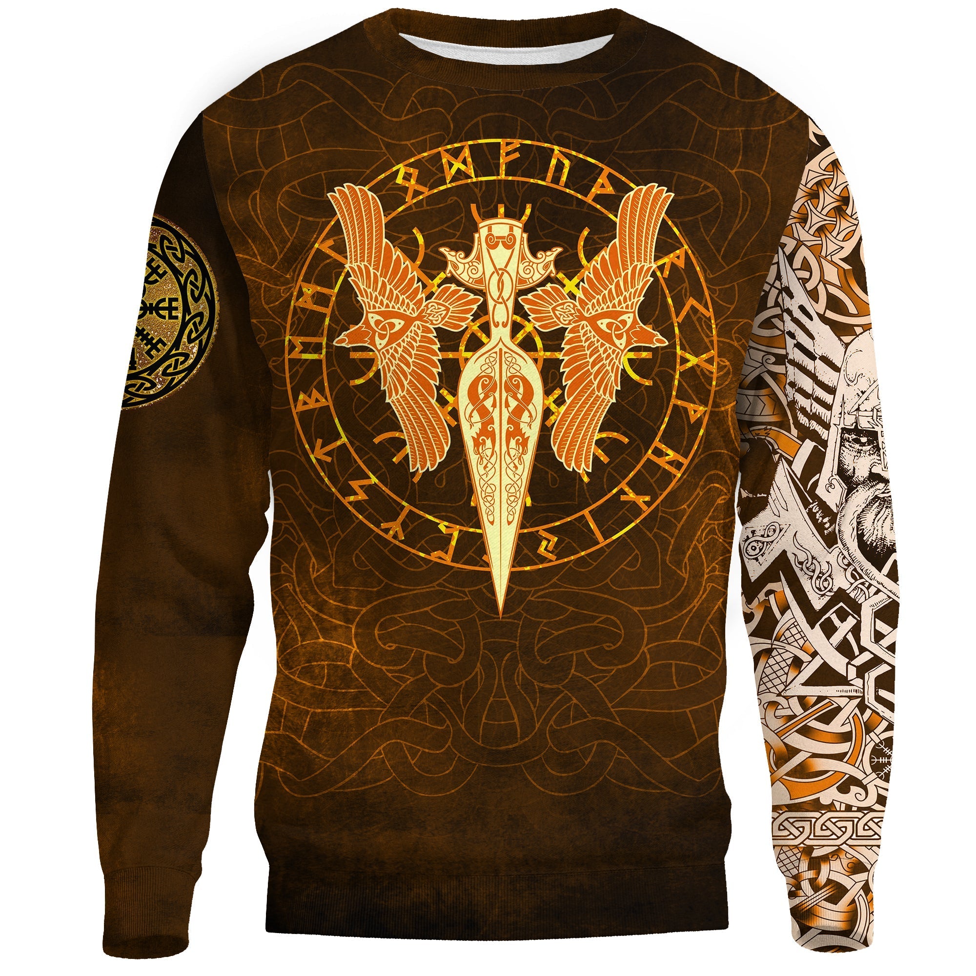 Viking Sweatshirts Gold Spear Of The God Odin - Gungnir and Two Gold Ravens RLT12 - Wonder Print Shop