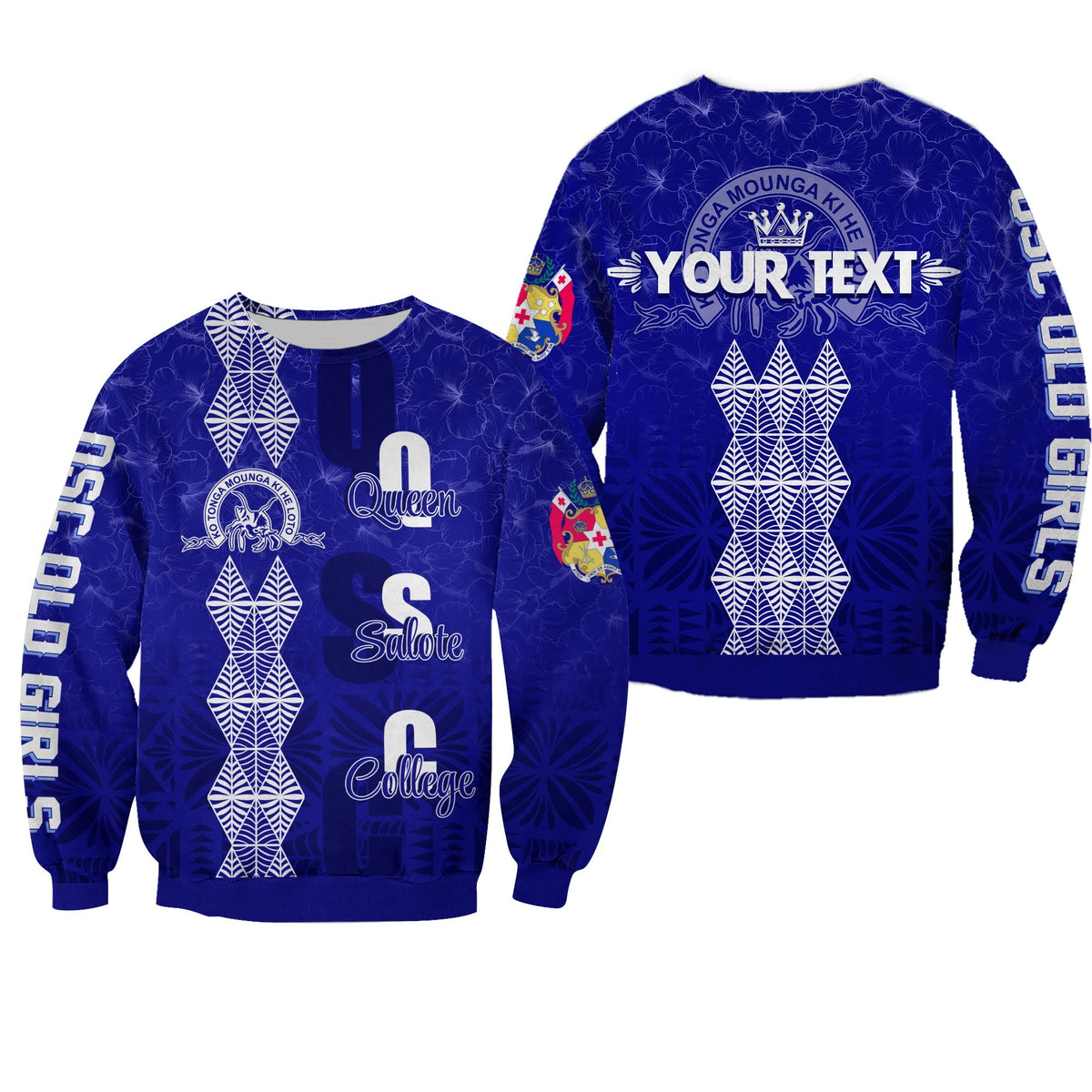 Dark blue sweatshirt with emblem and 'Queen Salote College' text print