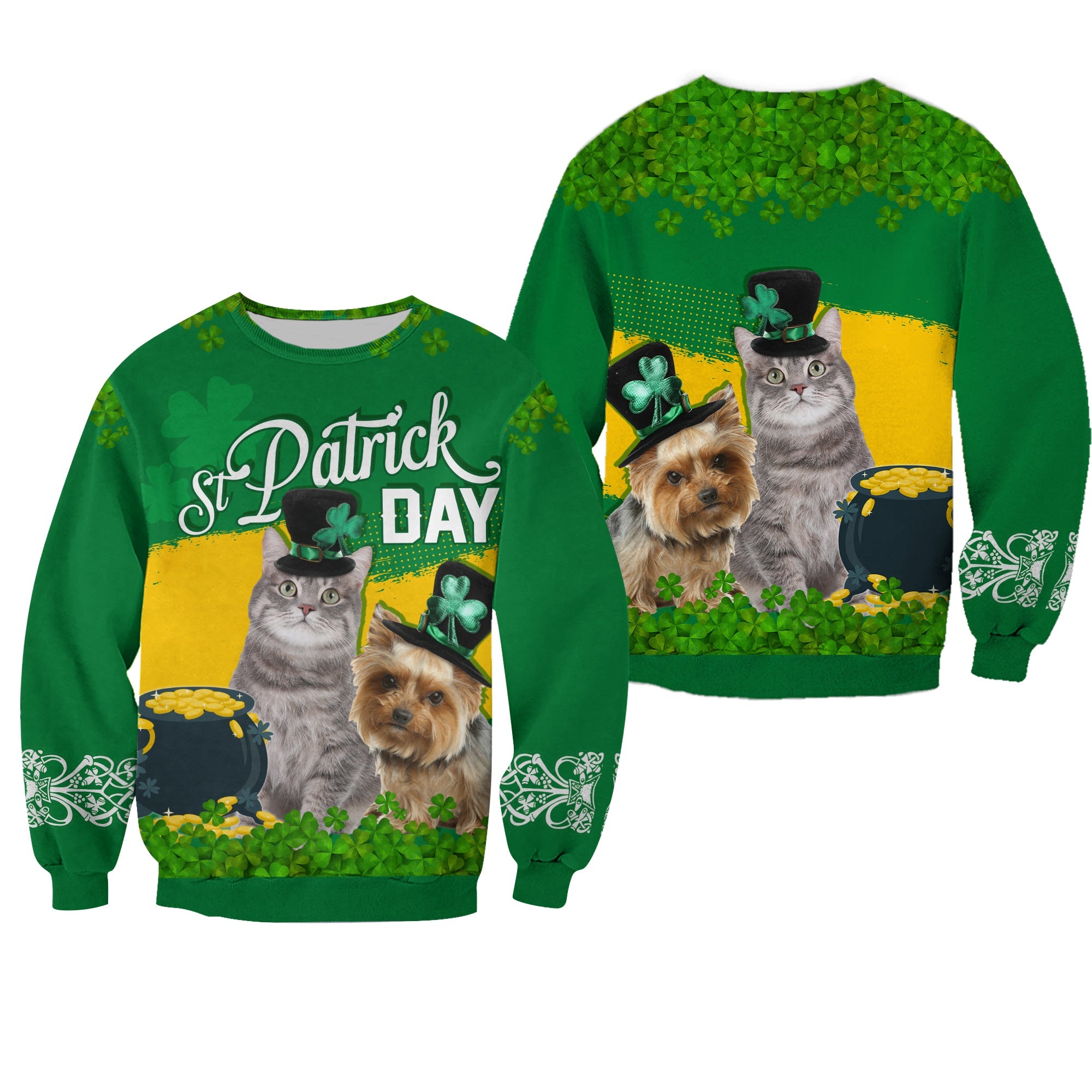 Happy St.Patrick Day Green Sweatshirt Pets in Leprechaun Hat - Wonder Print Shop