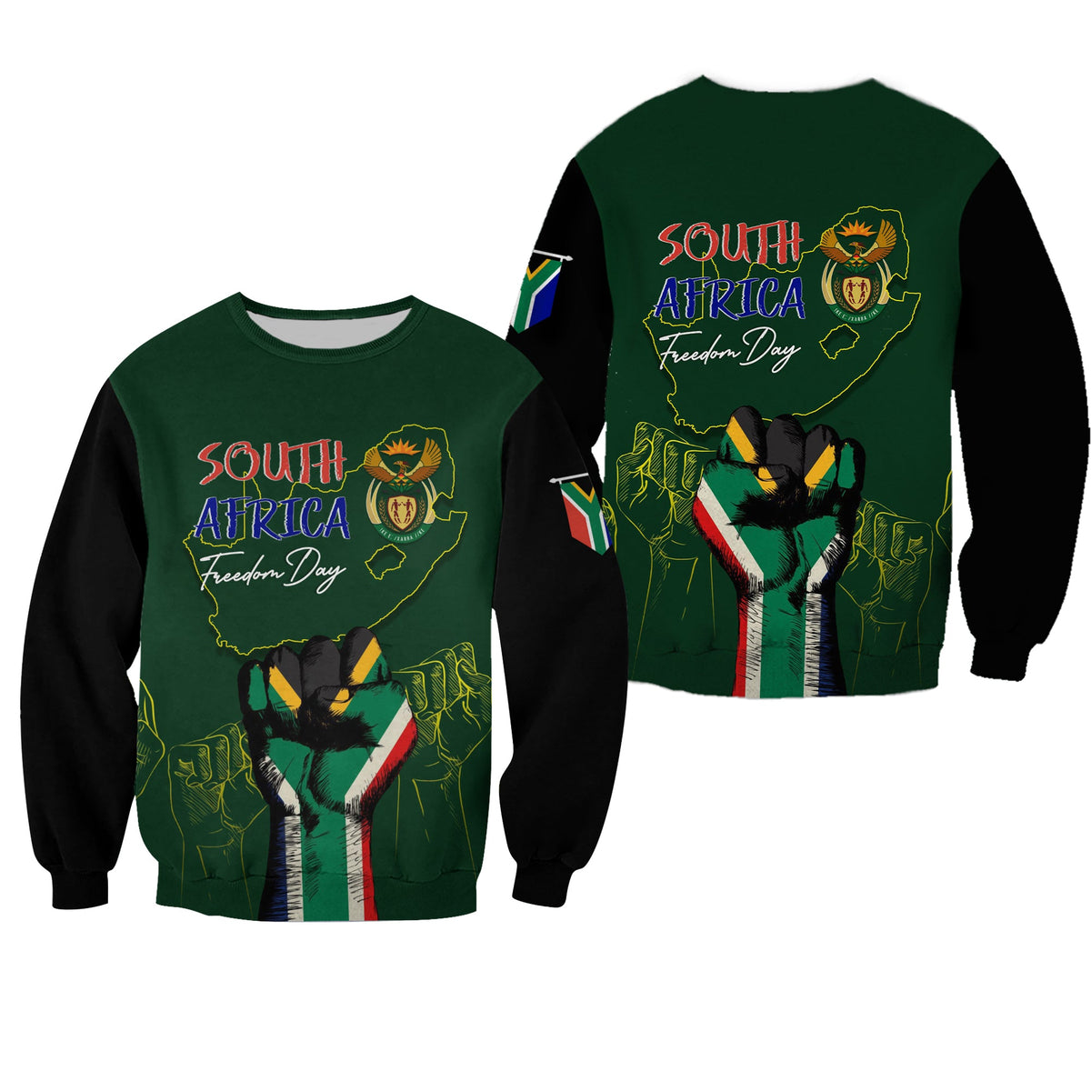 Green unisex sweatshirt with South Africa Freedom Day text and raised fist graphic, front and back