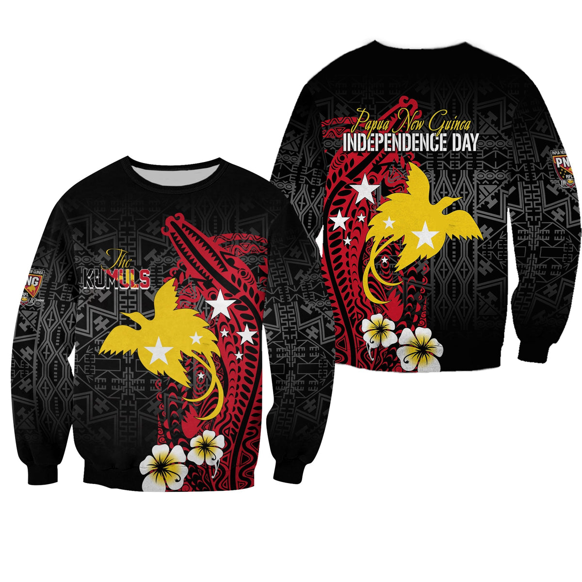 Unisex black sweatshirt with red and yellow graphic on chest and back