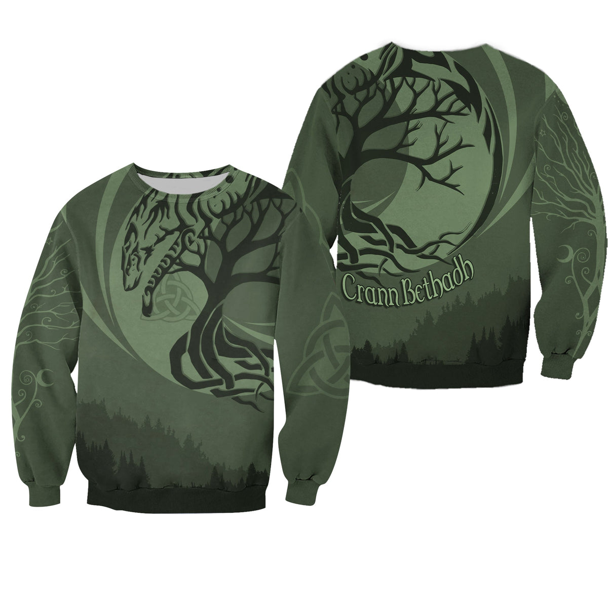 Green unisex sweatshirt with Celtic tree of life and wolf spirit front graphic, Crann Bethadh
