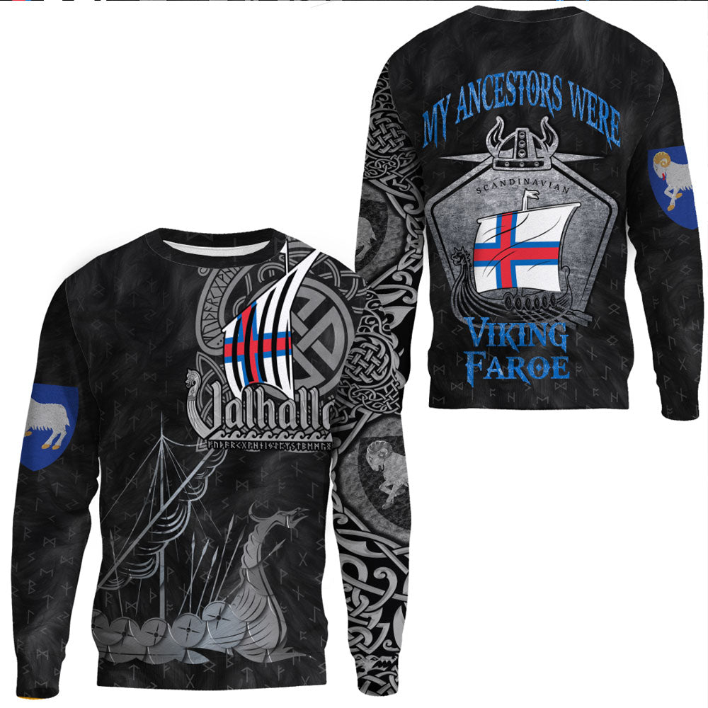 Black crewneck sweatshirt with Viking ship graphic, Norwegian flag, and blue text