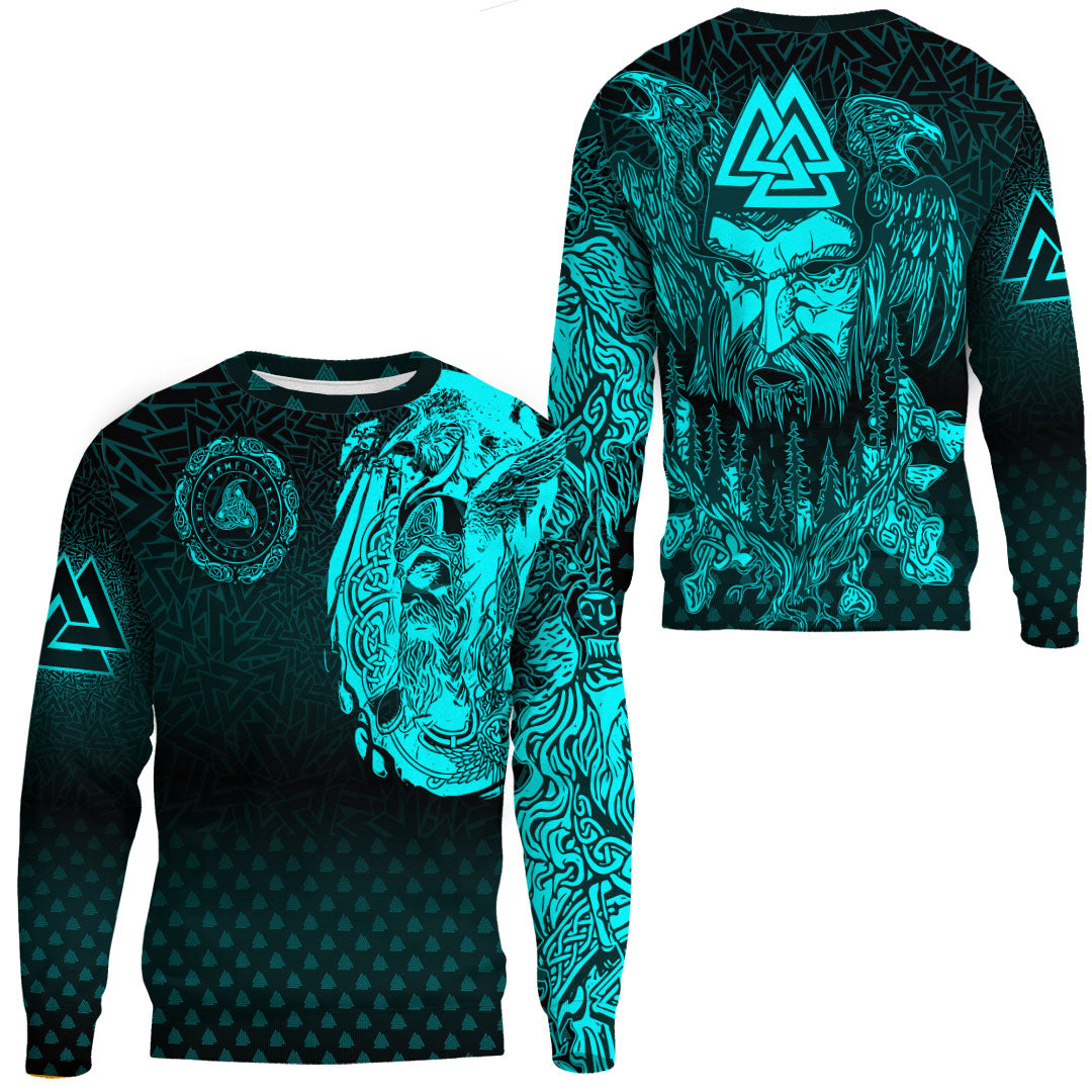 Viking Clothing Viking Odin Raven Tattoo Style Cyan Version Sweatshirts RLT12 - Wonder Print Shop