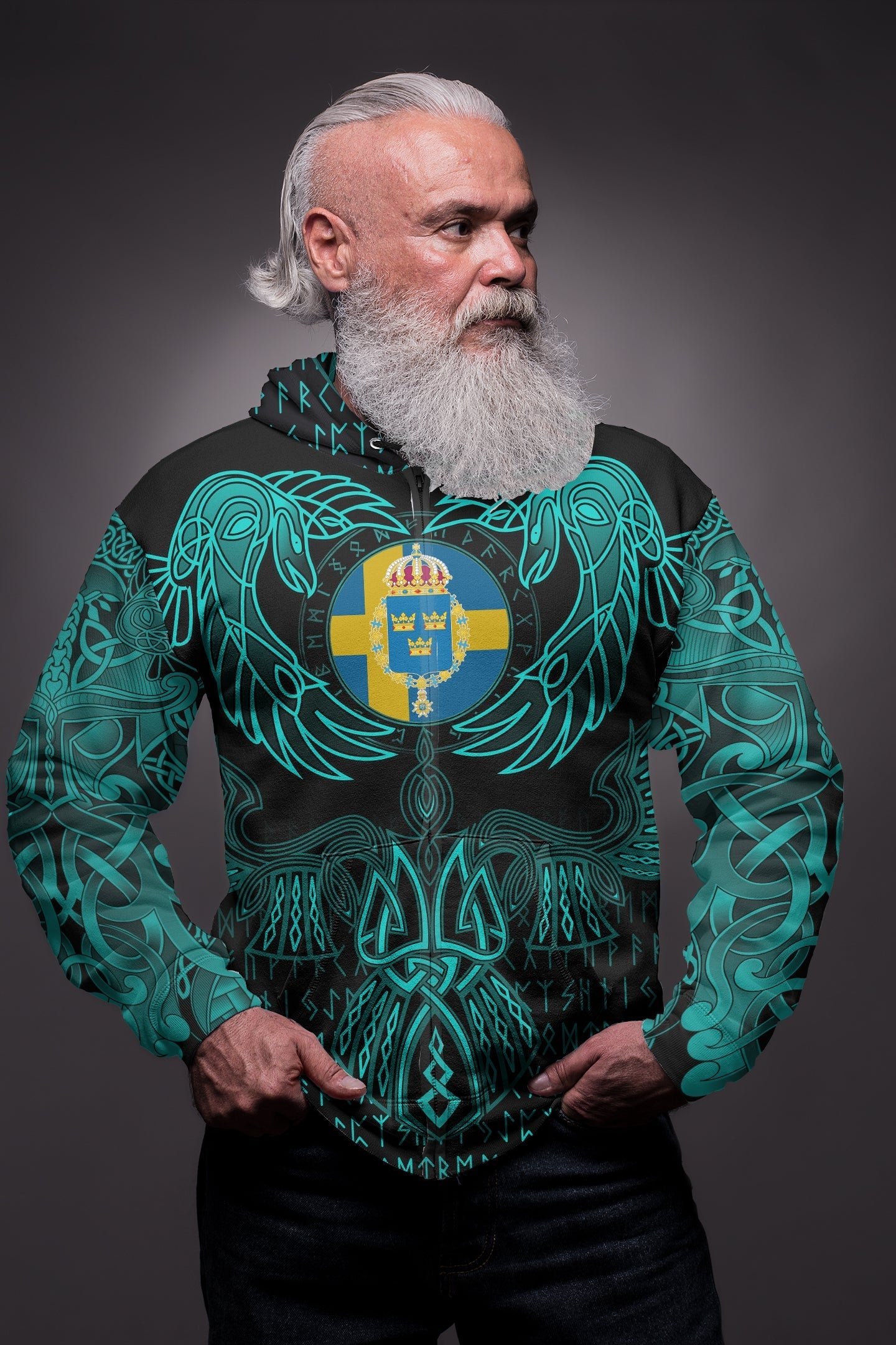 Viking Sweden Zip Hoodie Valknut of Odin Cyan RLT12 - Wonder Print Shop