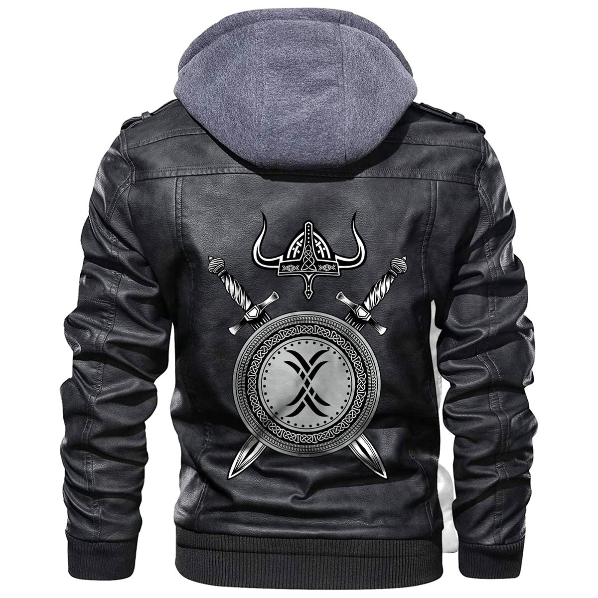 Black hooded leather jacket with large back Viking shield print and gray hood lining