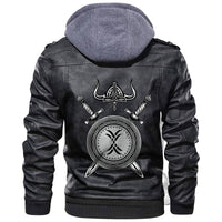 Black hooded leather jacket with large back Viking shield print and gray hood lining