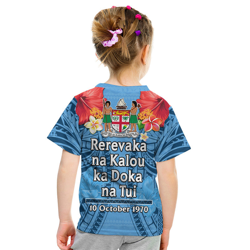 Kid blue T-shirt back print 'Rerevaka na Kalou' and '10 October 1970'