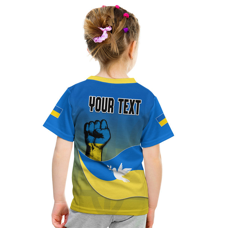Kids blue Ukraine flag T-shirt; back 'YOUR TEXT' with dove and fist print