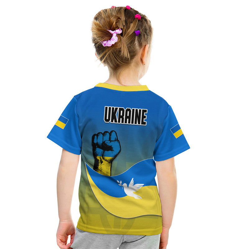 Kids blue Ukraine flag style T-shirt, back view with UKRAINE text, raised fist, white dove