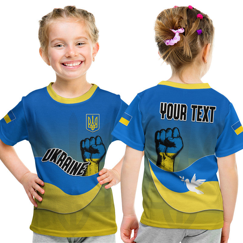Kids Ukraine flag style T-shirt, blue with yellow collar, trident and fist graphic