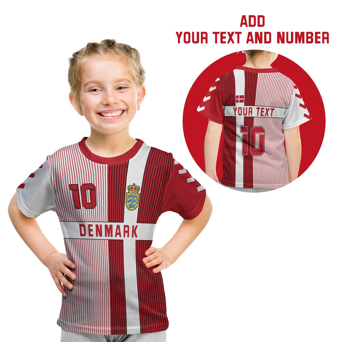 Kids Denmark football T-shirt, red/grey stripes, number 10 and DENMARK front print