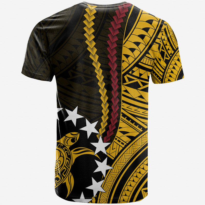Men's Polynesian T-shirt, black back with yellow patterns and maroon center trim
