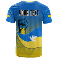 Blue Ukraine flag T-shirt for adults; back 'YOUR TEXT' with dove and fist print