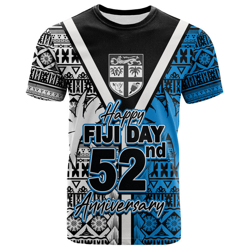 Black and blue graphic T-shirt with tribal pattern and large '52' anniversary print