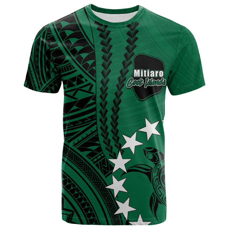 Green Polynesian T-shirt with black tribal print, crest text, and white stars