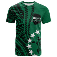 Green Polynesian T-shirt with black tribal print, crest text, and white stars