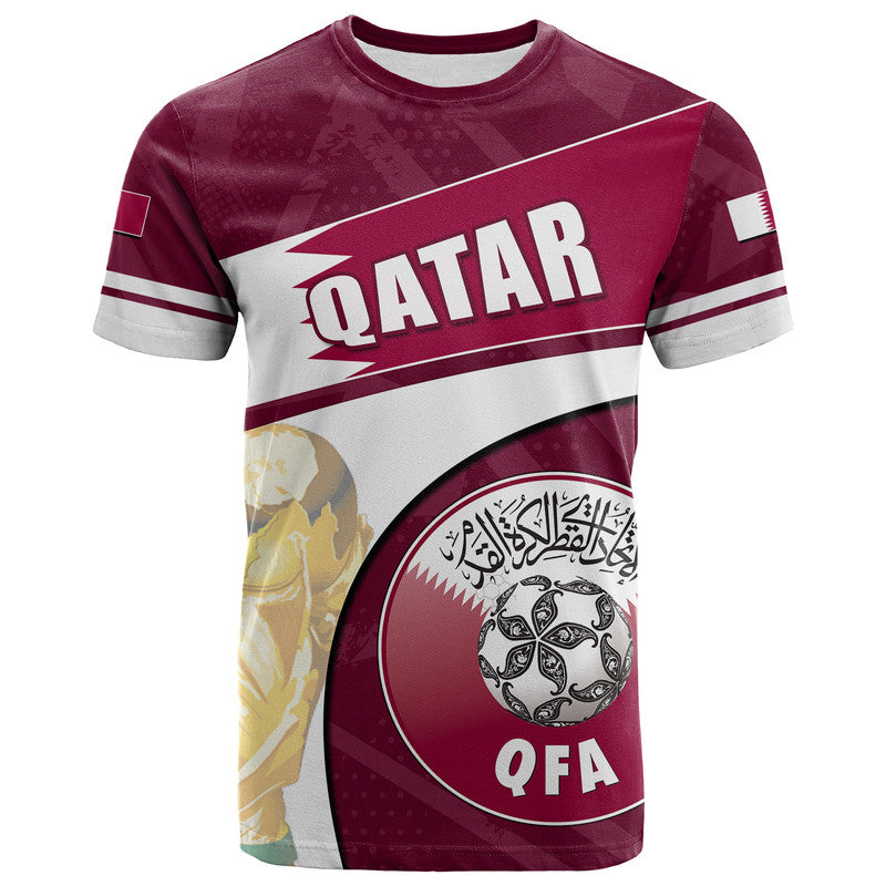 Maroon and gray graphic T-shirt with QATAR text, QFA emblem, and sleeve stripes