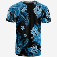 Short-sleeve crewneck T-shirt, blue floral and leaf print on dark base