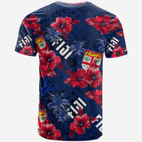 Blue tropical T-shirt with red hibiscus and palms, geometric pattern, short sleeves