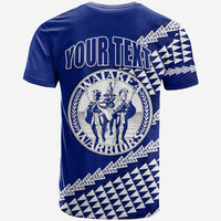 Blue graphic T-shirt back with 'YOUR TEXT' and patterned emblem panel