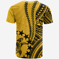 Yellow Polynesian-style T-shirt with black geometric patterns and vertical stripe design
