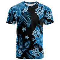 Short-sleeve crewneck T-shirt with blue tropical floral leaf print on dark base