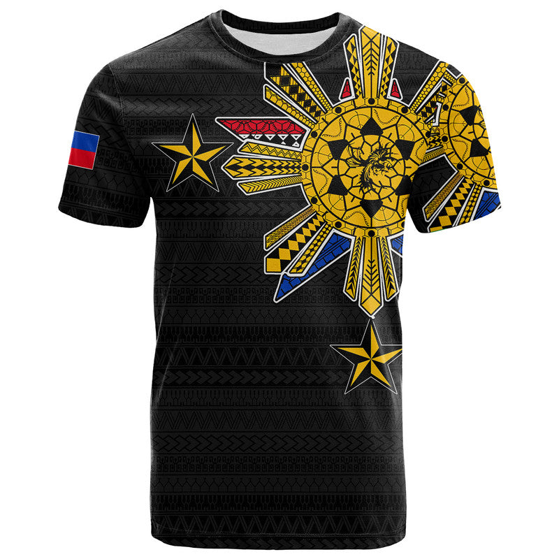 Black tribal graphic T-shirt with gold sun, star and geometric patterns