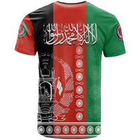 Cricket T-shirt with Afghanistan flag pattern, red green black, back Arabic script and mosque graphic