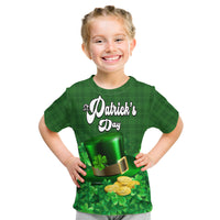 Green St. Patrick's Day T-shirt on child, with leprechaun hat, clovers, gold coins