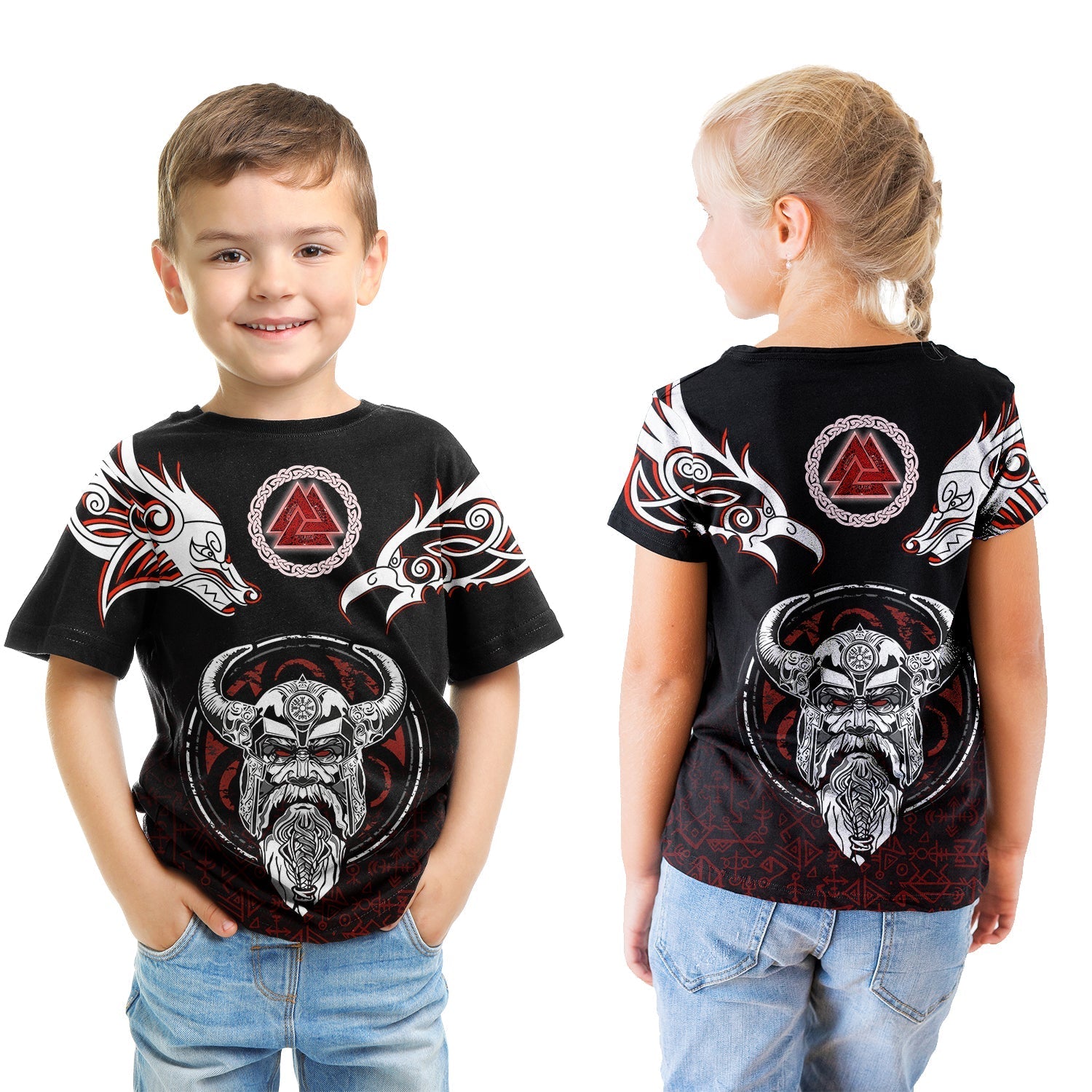 Viking T shirt Kid Odin, Raven, Fenrir and Valknut RLT12 - Wonder Print Shop