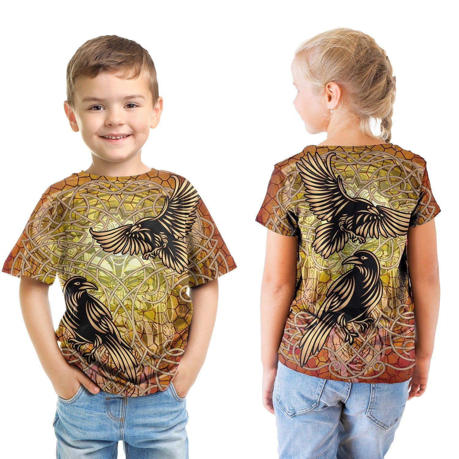 Viking Celtic Symbol T shirt Kid Huginn and Muninn Of Odin On Yggdrasil Gold RLT12 - Wonder Print Shop