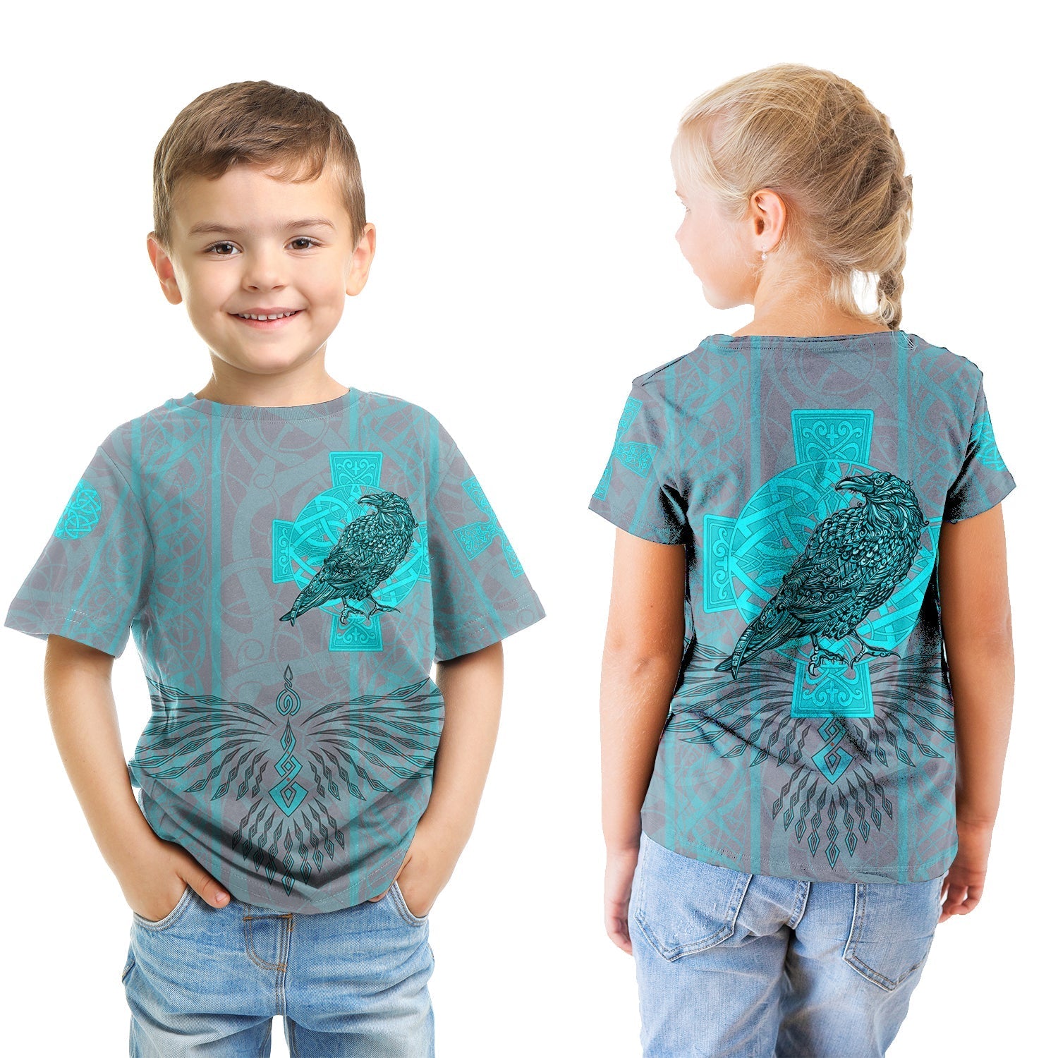 Viking T shirt Kid Odin's Celtic Raven - Scandinavian Tattoo Style Cyan RLT12 - Wonder Print Shop