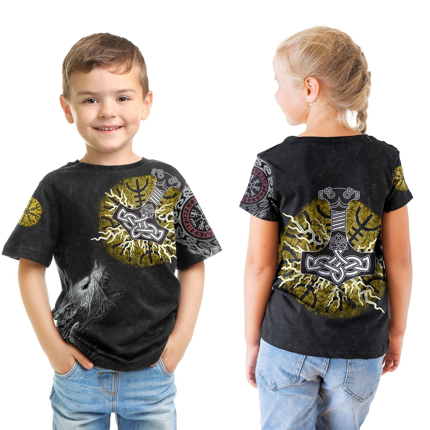 Viking T shirt Kid - Fenrir Fight Mjolnir Of Thor On Helm Of Awe RLT12 - Wonder Print Shop