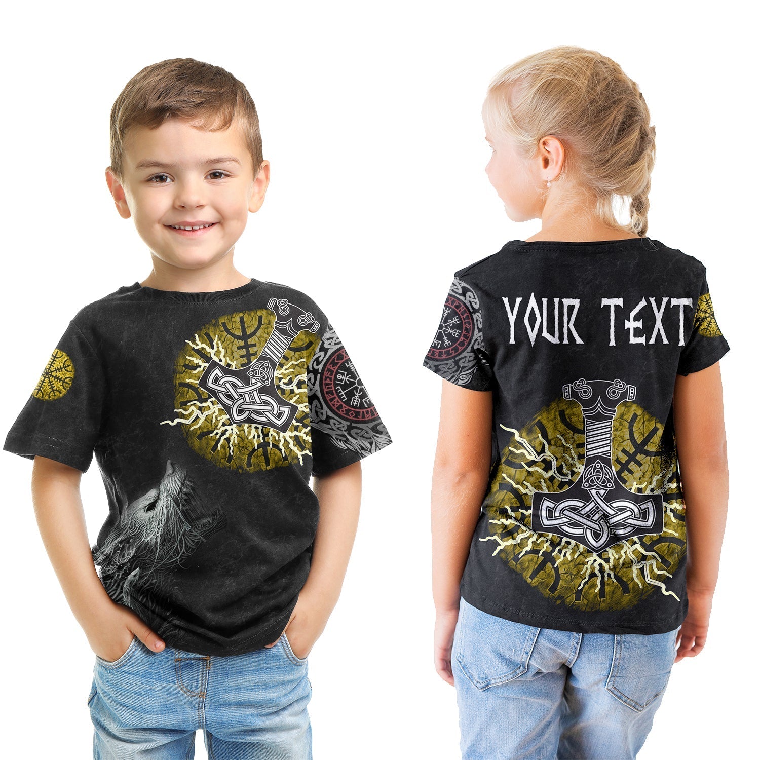 (Custom) Viking T Shirt Kid - Fenrir Fight Mjolnir Of Thor On Helm Of Awe RLT12 - Wonder Print Shop