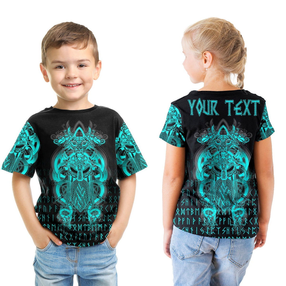 Kids black T-shirt with teal Tyr Viking tattoo graphic, front and back